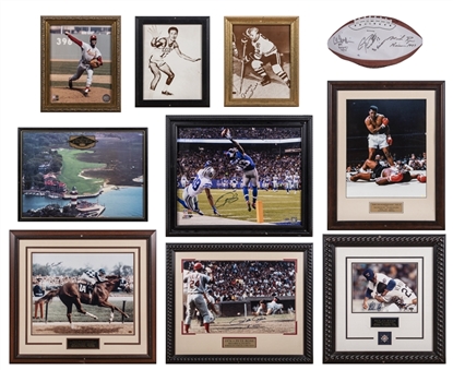 Lot of (10) Framed Items that Hung in Gene "Stick" Michaels Restaurant Incl. Pete Rose, Nolan Ryan, and Odell Beckham Jr. & Heisman Winners Multi-Signed Football (JSA Auction LOA)